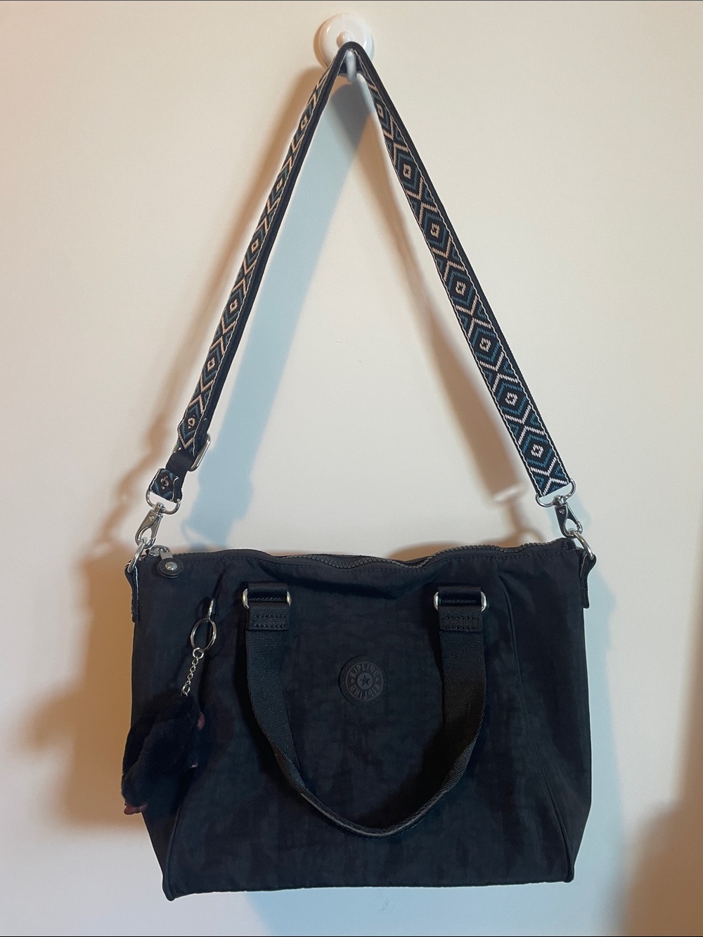 Kipling Amiel Black Shoulder Bag with Patterned Removable Strap